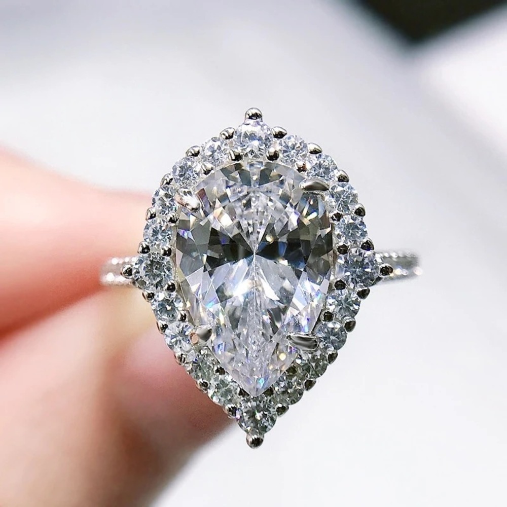 Pear Shaped Halo Silver Ring
